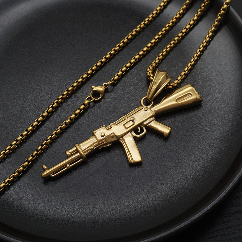 Hip Hop Vintage Punk Mens AK47 Pendant Necklace Stainless Steel 18K Gold Plated No Fade Jewelry