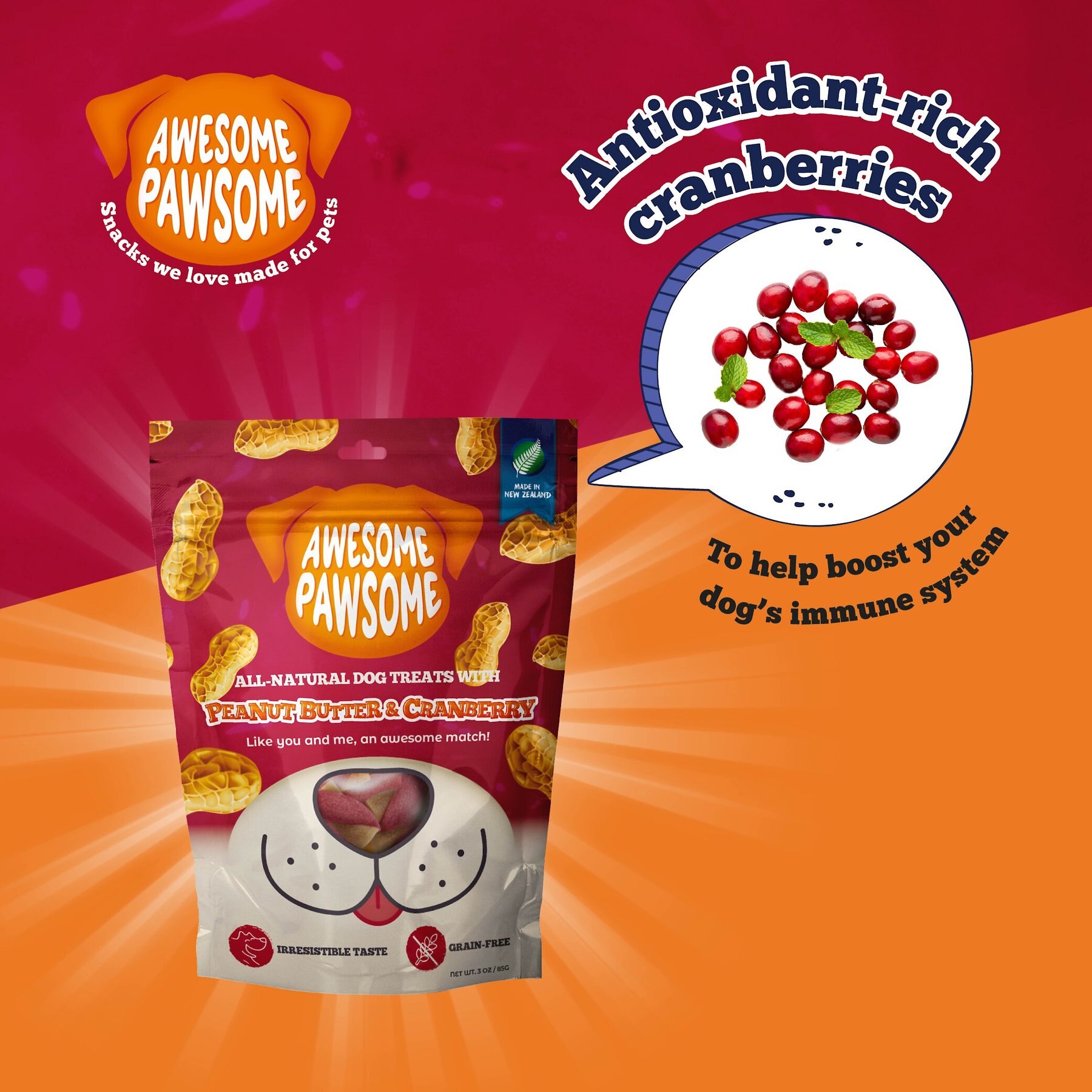 Awesome Pawsome Peanut Butter & Cranberry Dog Treats, 3-oz bag
