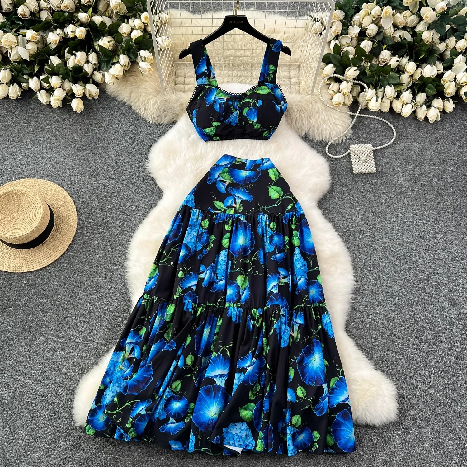 Dress Summer Bohemian Two Piece Set Women's Spaghetti Strap Padded V Neck Short Crop Top Wer Print Long Maxi Skirts Suits