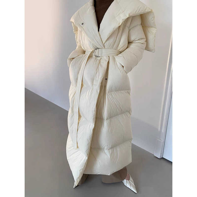 New big lapel strap temperament collar long solid color loose thickened down jacket irregular waist elegant womens coat W241019