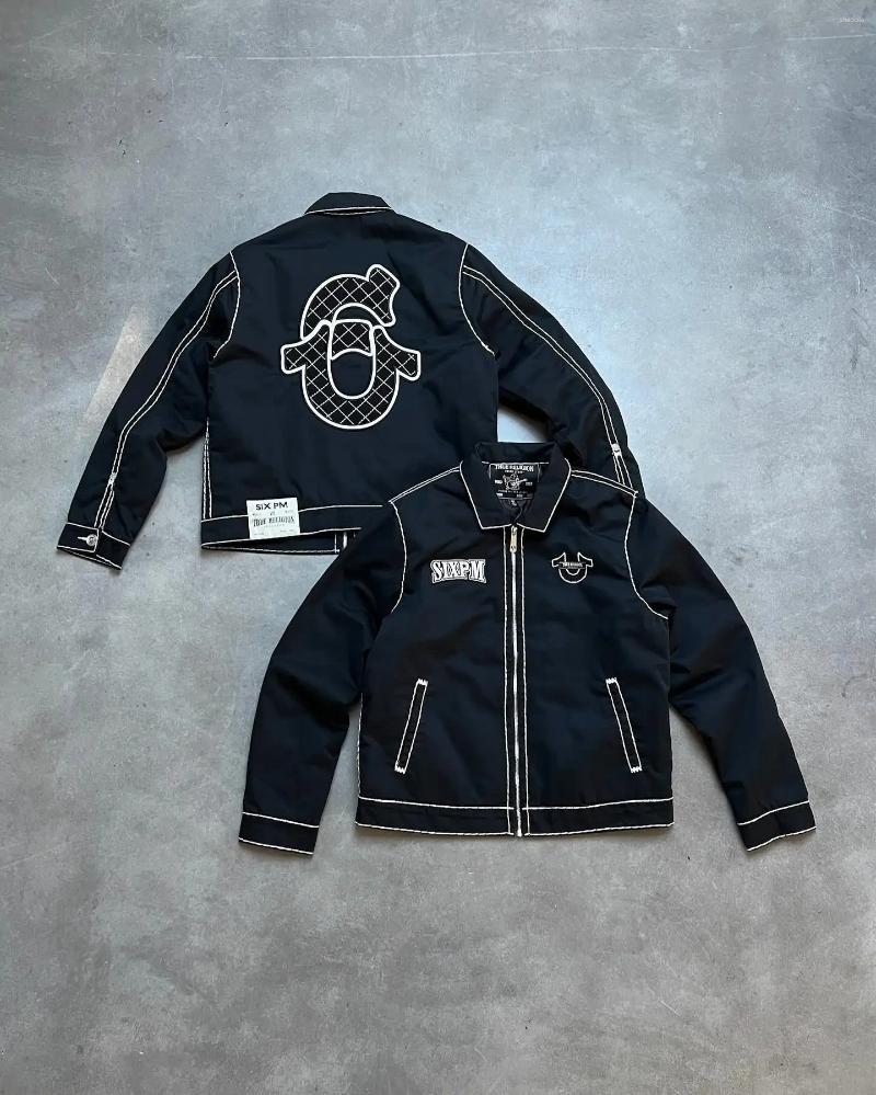 Men's Jackets Retro Denim Jacket Y2K Coats Mens Clothes Hip Hop Gothic Letters Embroidery Black Oversized Motorcycle Zip F