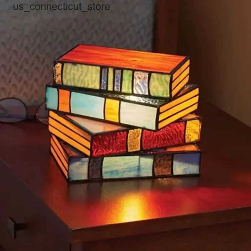 2025 new Stained Glass Lamp Night Table Reading Book Light Nightstand Desk Lamps Handicraft Stacked Books