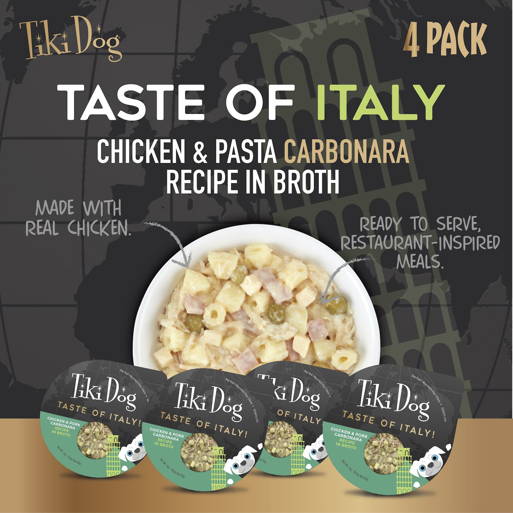 Tiki Dog Taste of Italy Chicken, Pasta & Carbonara Recipe in Broth Wet Dog Food, 3-oz cup, case of 4