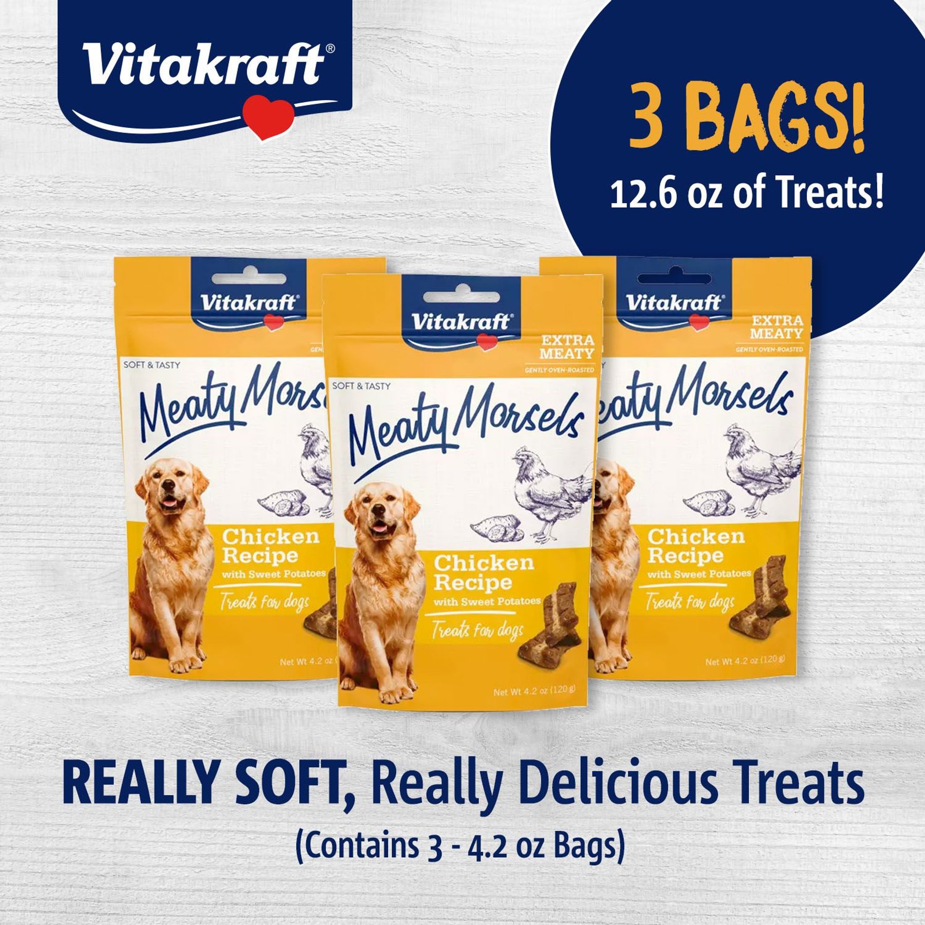 Vitakraft Meaty Morsels Chicken Recipe with Potato Soft & Chewy Dog Treats, 4.2-oz bag, 3 count