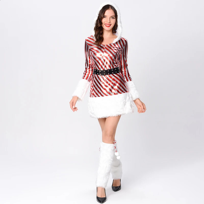Women Christmas Costume Christmas Hooded Dress Striped Mrs Claus Cosplay Costume Xmas Holidays Party Fancy Dress 241121