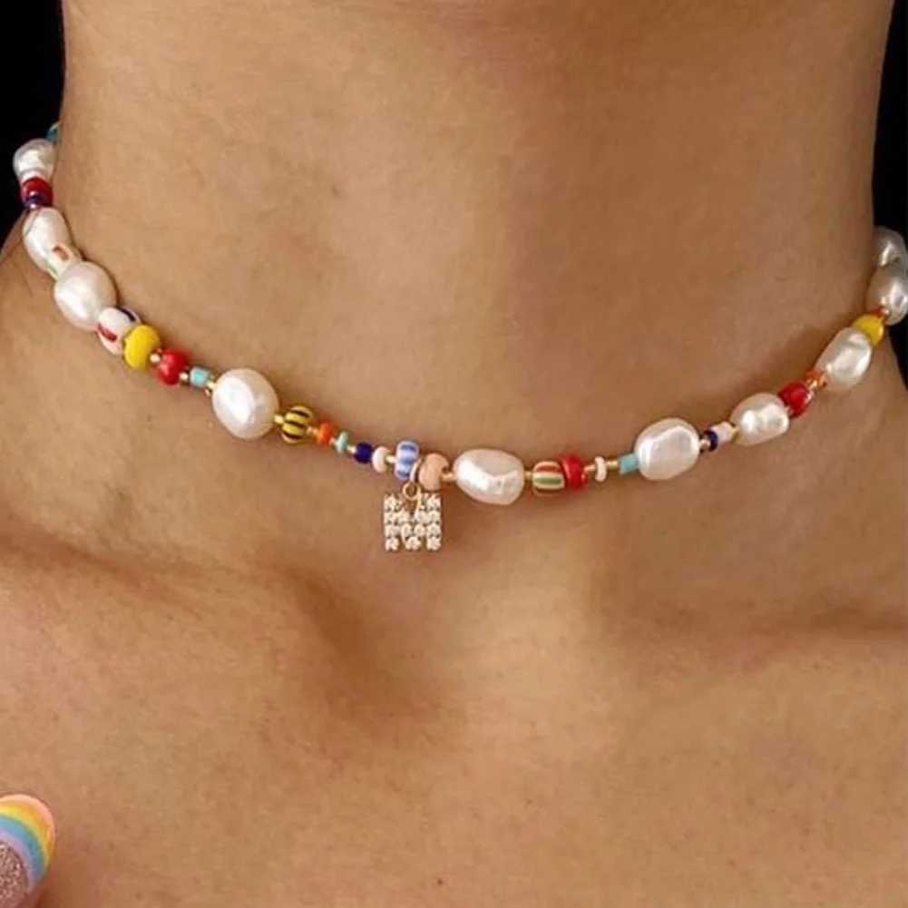 Pendant Necklaces Irregular Colorful Natural Stone Beads Choker Necklace For Women DIY Custom 26 Initials Pearl Name Beaded Necklaces Gift Jewelry Y24