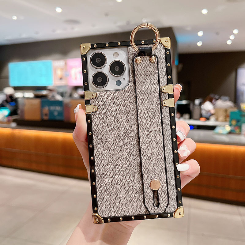 Wrist Strap Designer Phone Case for Apple iPhone 17 16 15 14 13 Samsung Galaxy S25 S24 S23 Plus Note 20 Ultra Luxury PU Leather Soft TPU Square Back Cover Coque Funda Gray G
