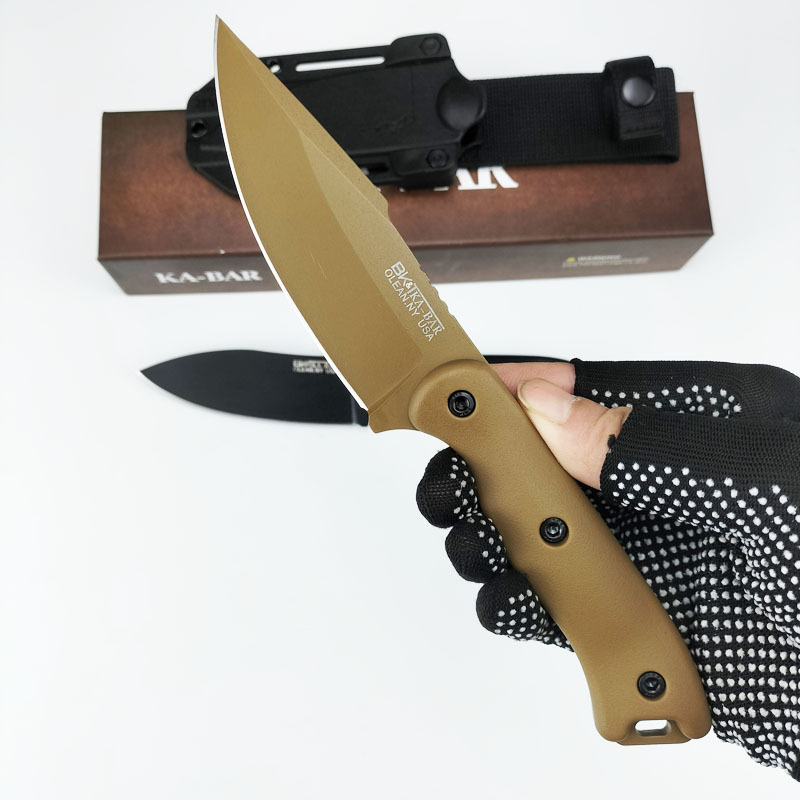 Ka-bar BK18 Survival Straight Knife 1095 Cro-Van Titanium Coating Drop Point knife Blade Full Tang GFN Handle Outdoor Camping Tactical Knives with Kyd