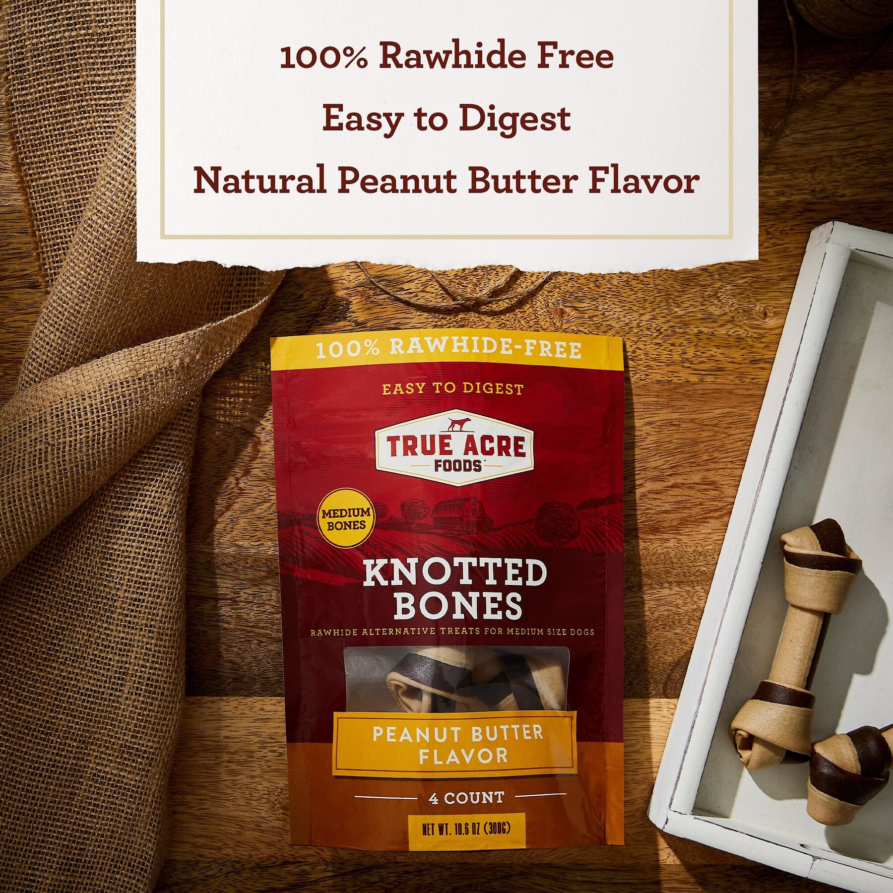 True Acre Foods, Rawhide-Free, Knotted Bones, with Natural Peanut Butter Flavor Dog Treats