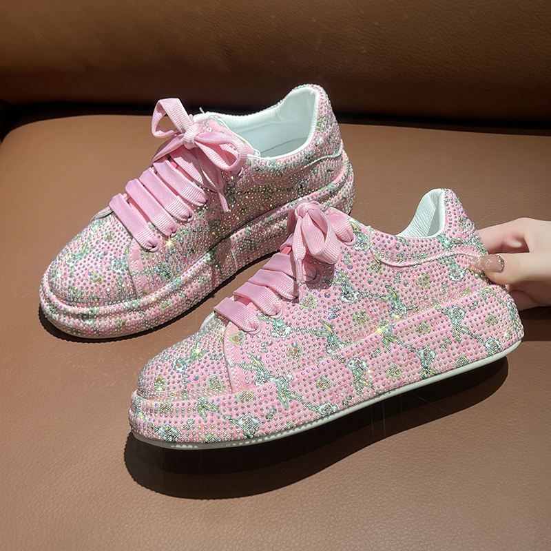 Designer shoes leather lace up women's fashionable flat sports shoes white pink women's luxurious rhinestone casual shoes high-quality casua