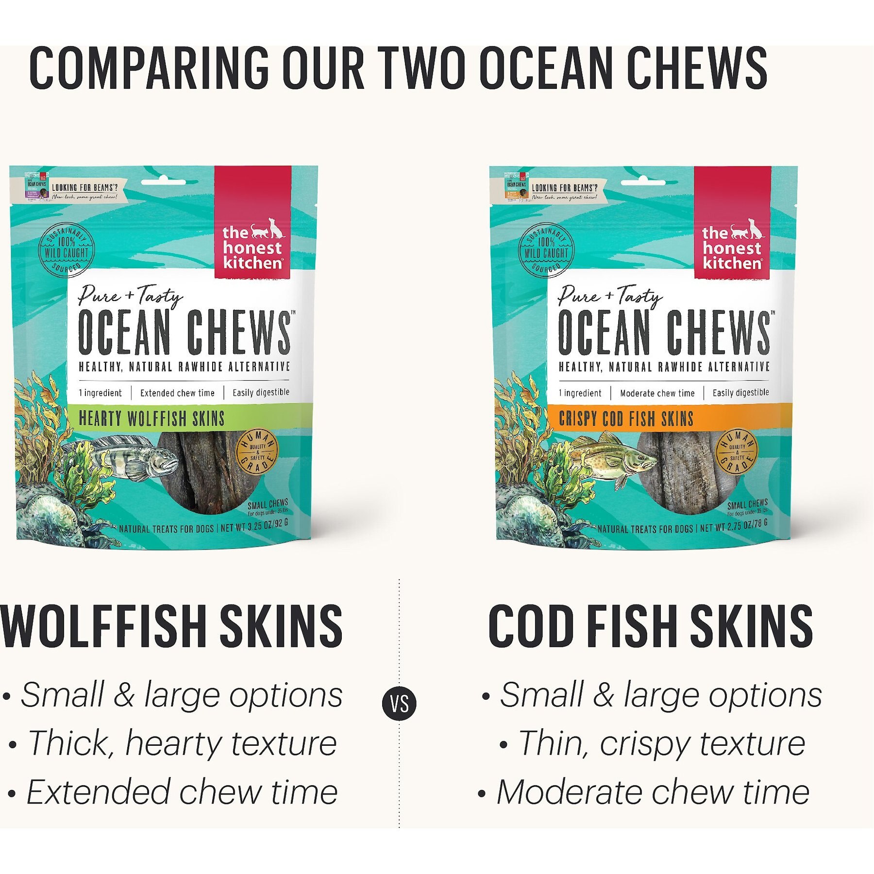 The Honest Kitchen Beams Ocean Chews Cod Fish Skins Dehydrated Dog Treats