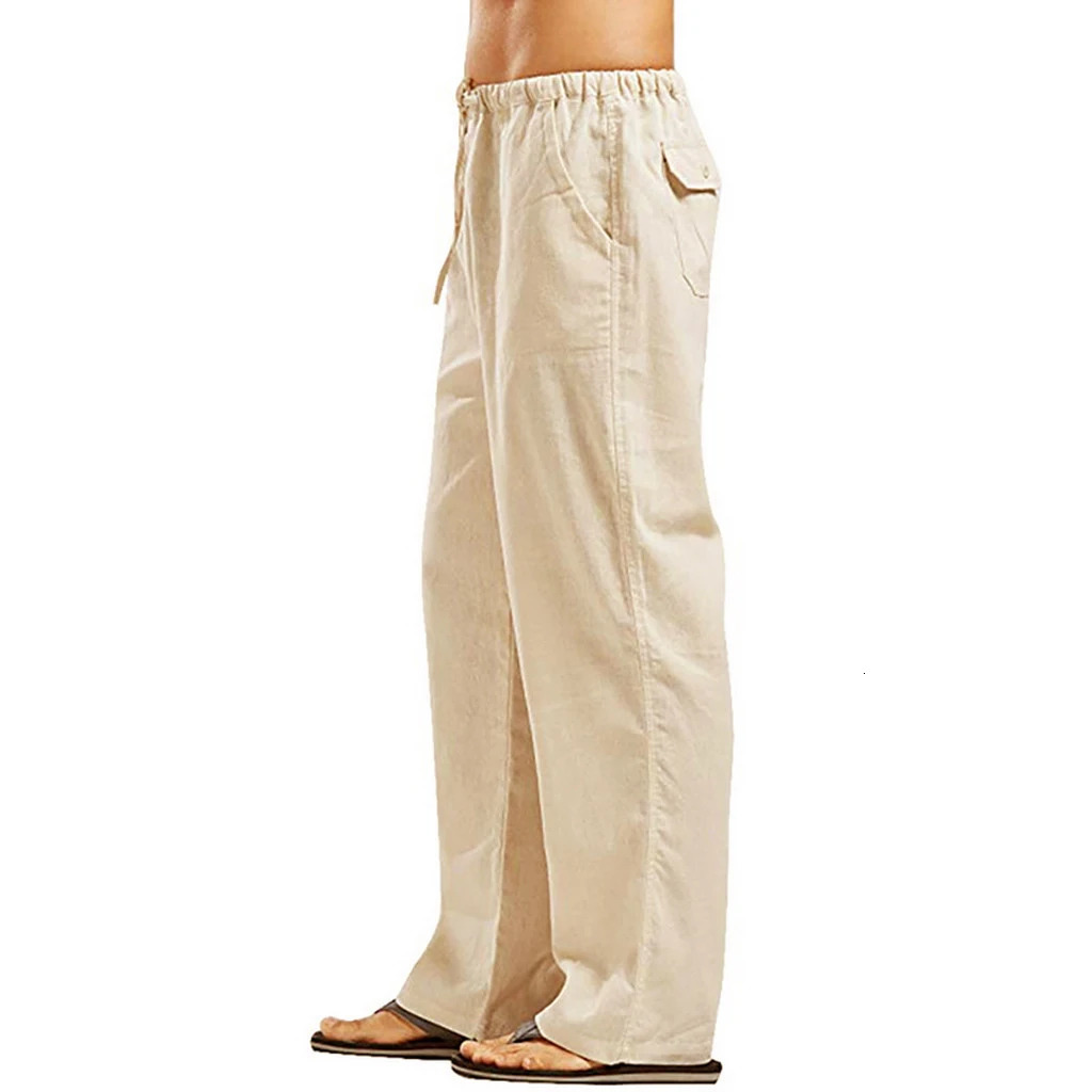 Mens Cotton Linen Pants Loose Cool Casual Long Pants Elastic Waist Long Pant Casual Large Size Streetwear Lightweight Trousers 240420