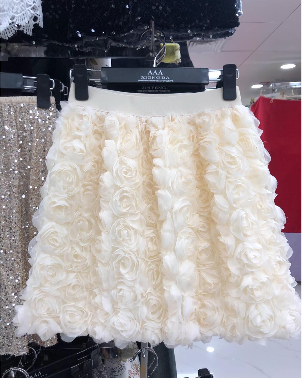 Womens fashion A-line skirt elastic high waist elegant 3D rose summer desinger skirt