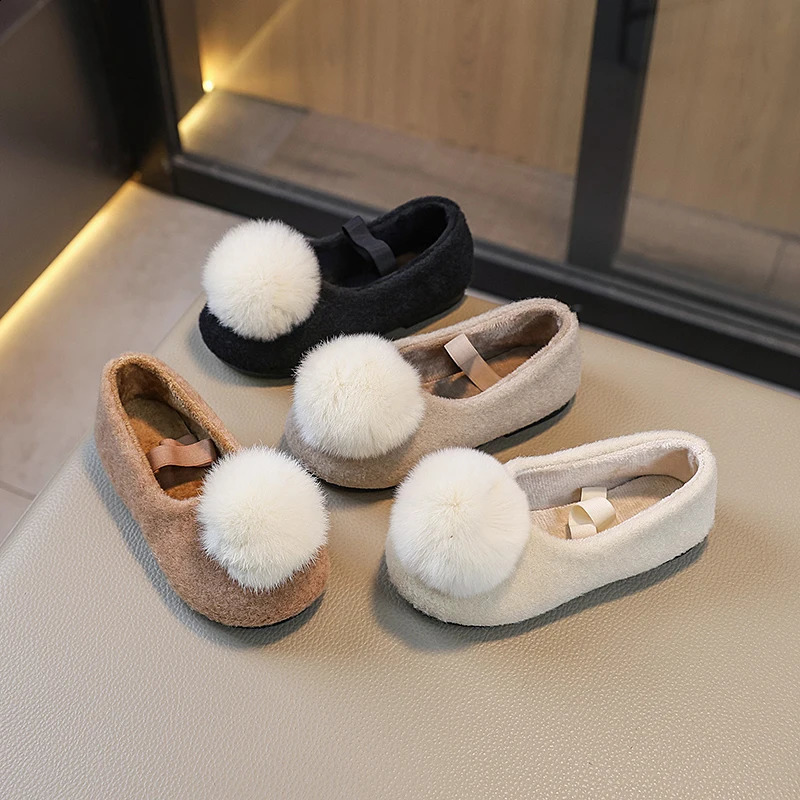 Girls Winter Flat Shoes Fluffy Velvet Elastic Band Fashion Kids Princess Shoes Four Colors Lovely Shallow Warm Children Shoes 241226