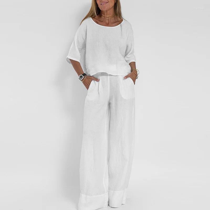 Women's Two Piece Pants Ladies Pockets Cotton-linen like fabric Set Casual Elastic Waist Trouser Suit Women O-neck Half Sleeve Shirt And Outfits 