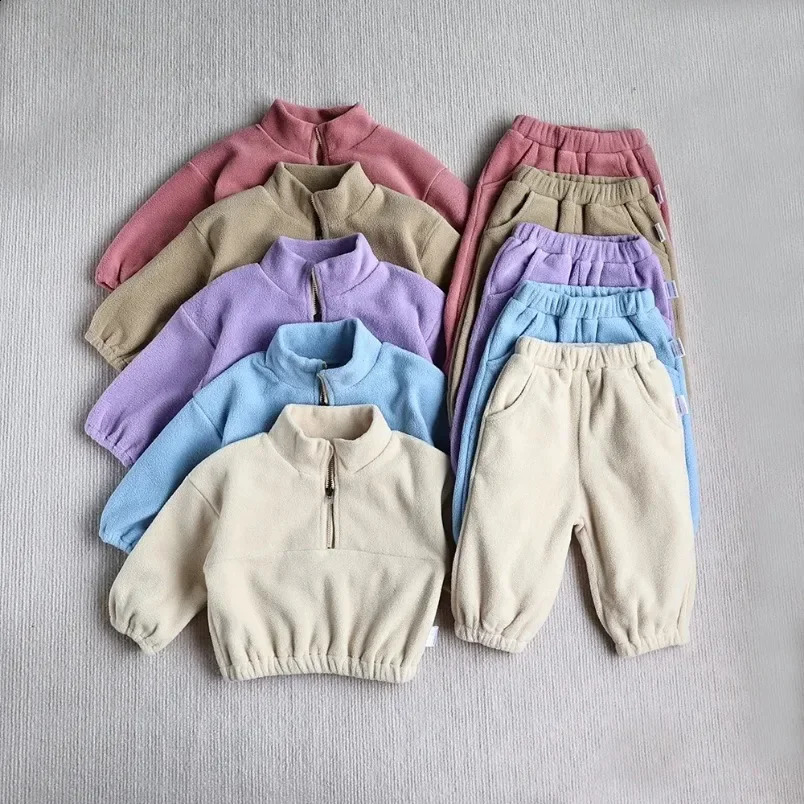 Winter Baby Sports Clothing 0-3T Girl Cute Solid Color Wool Hoodie Set Preschool Boy Loose Coat 2PCS 241121
