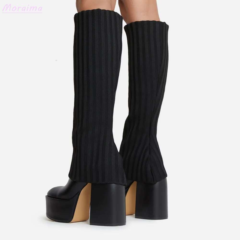 Knee-High Leather Platform Boots Layered Knit Pointed Toe hot White Shoes