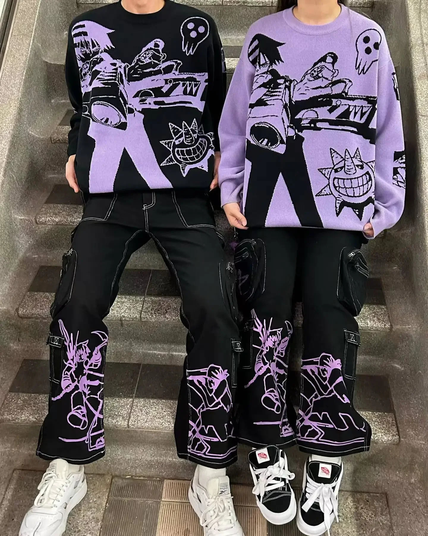 Y2K Sweater Jeans Two Piece Sets Men Women Oversize Anime Graphic Knitwear Embroidery Pullover Haruku Punk Streetwear Trousers 240415