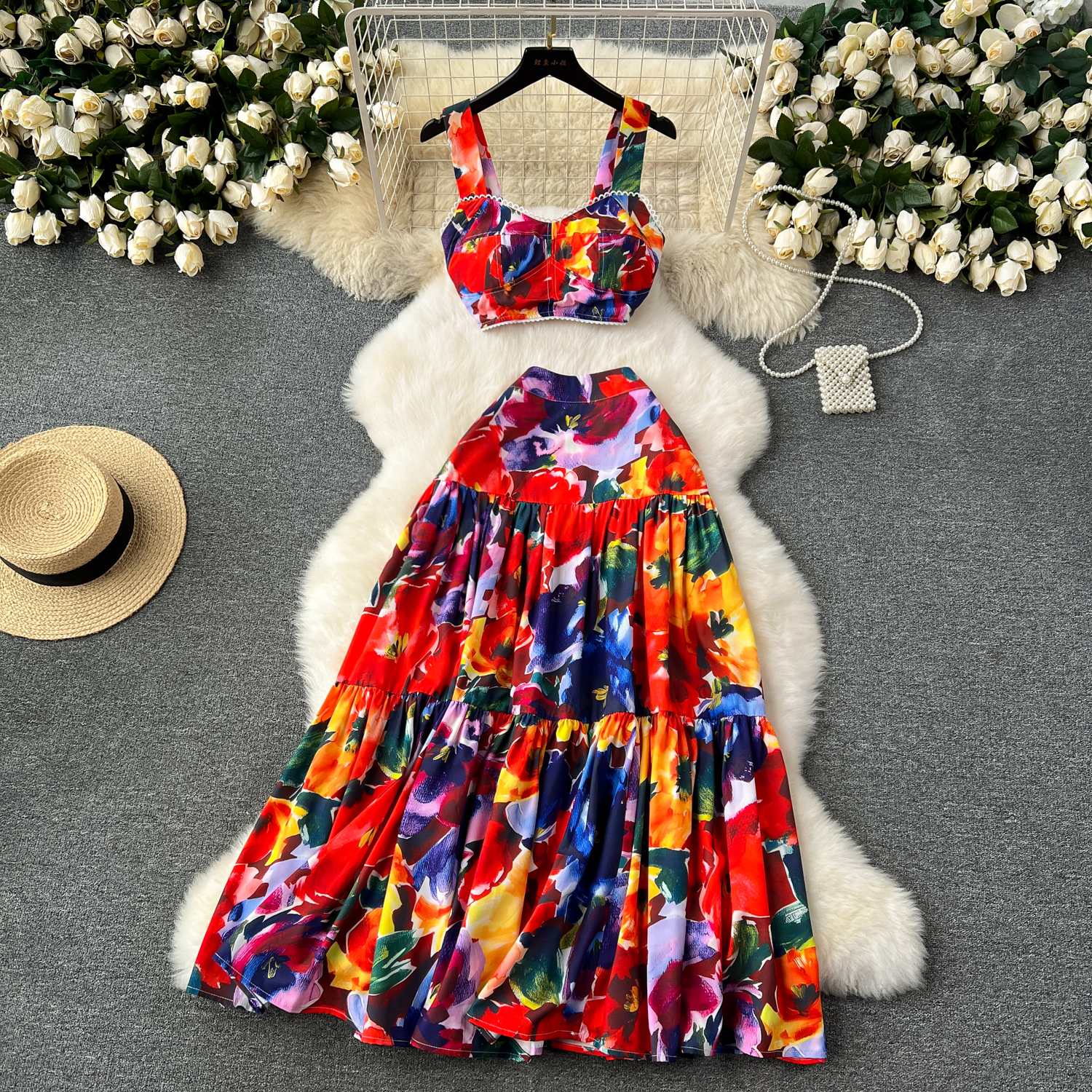 Dress Summer Bohemian Two Piece Set Women's Spaghetti Strap Padded V Neck Short Crop Top Wer Print Long Maxi Skirts Suits