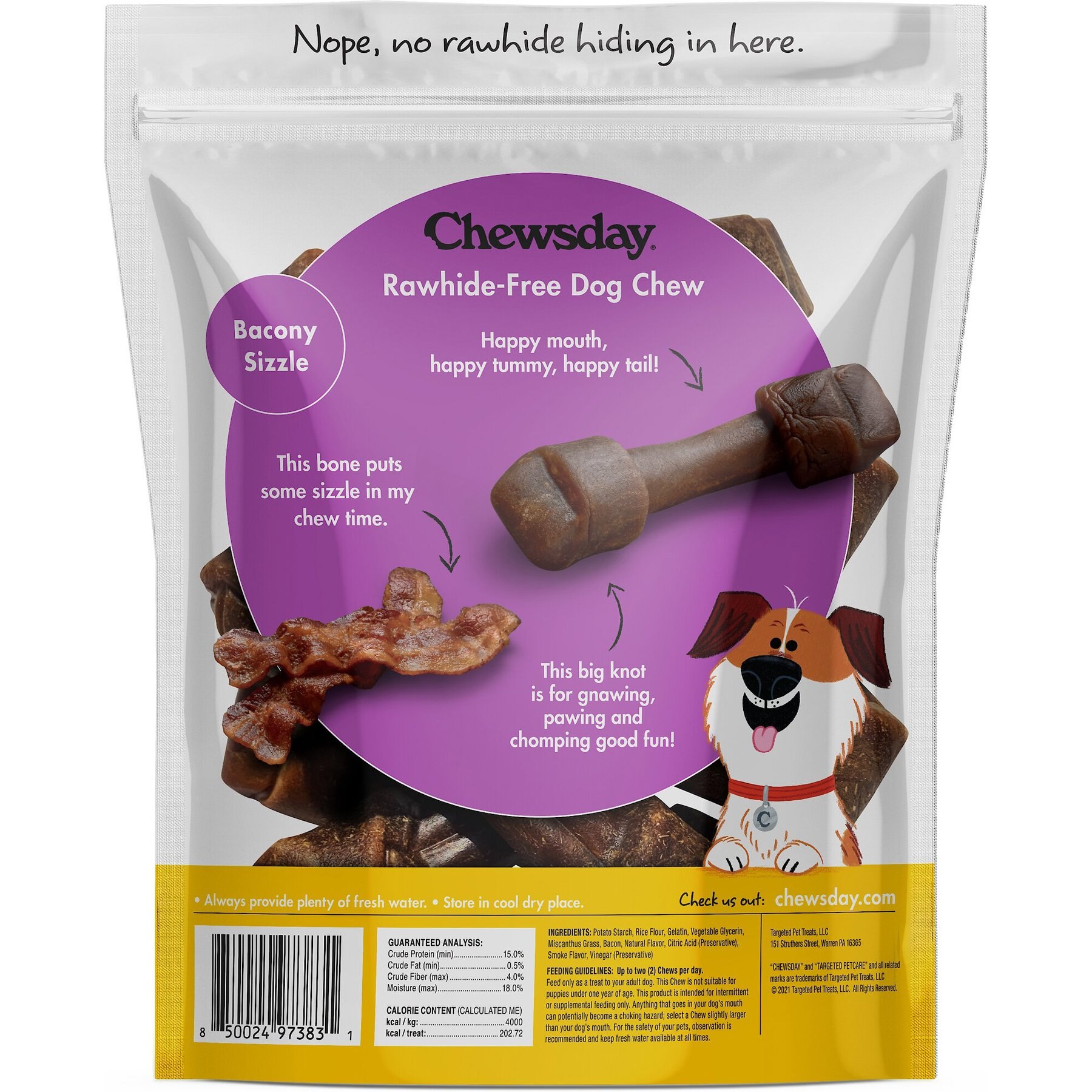 Chewsday Bacony Sizzle Chew Bones Rawhide-Free Dog Hard Chews, 7 count, Small
