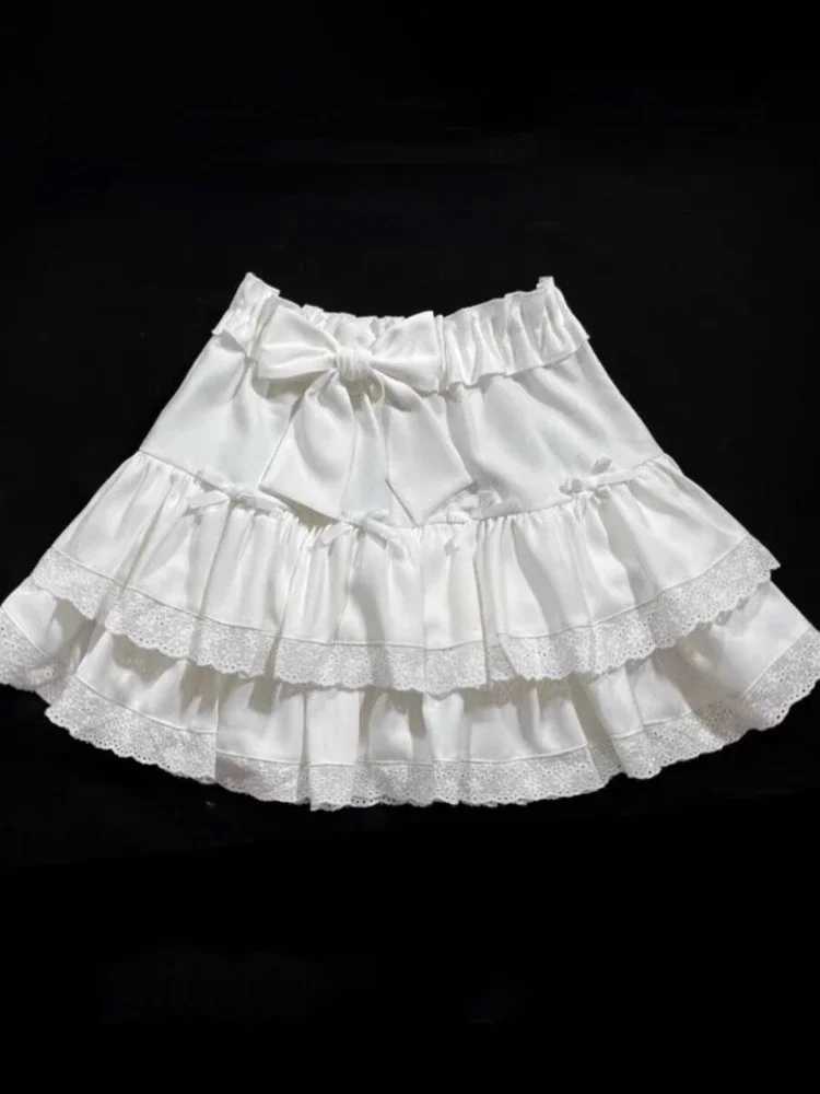Skirts Swt Lolita Cake Skiing Womens High Waist Kawai Bow Lace Fold Mini Skiing Japan A-Line Y2k Short Faldas Y240420