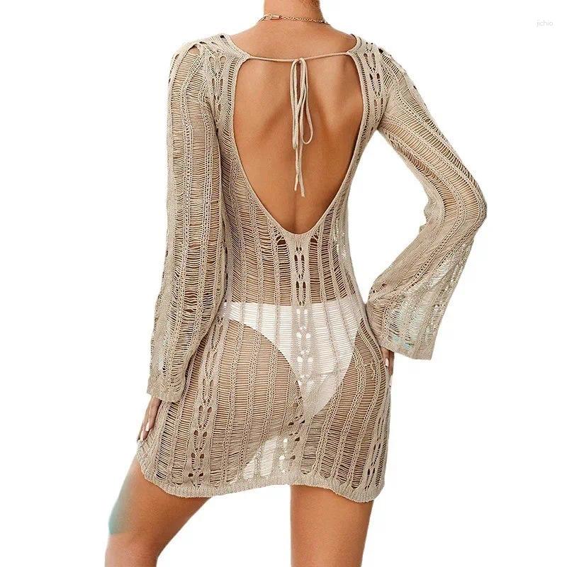 Pareo Beach Skirt Sets Bath Suit Bathroom Exits Cover Up Dress 2024 Summer Female Solid Color Sexy Knitted Bikini Polyester