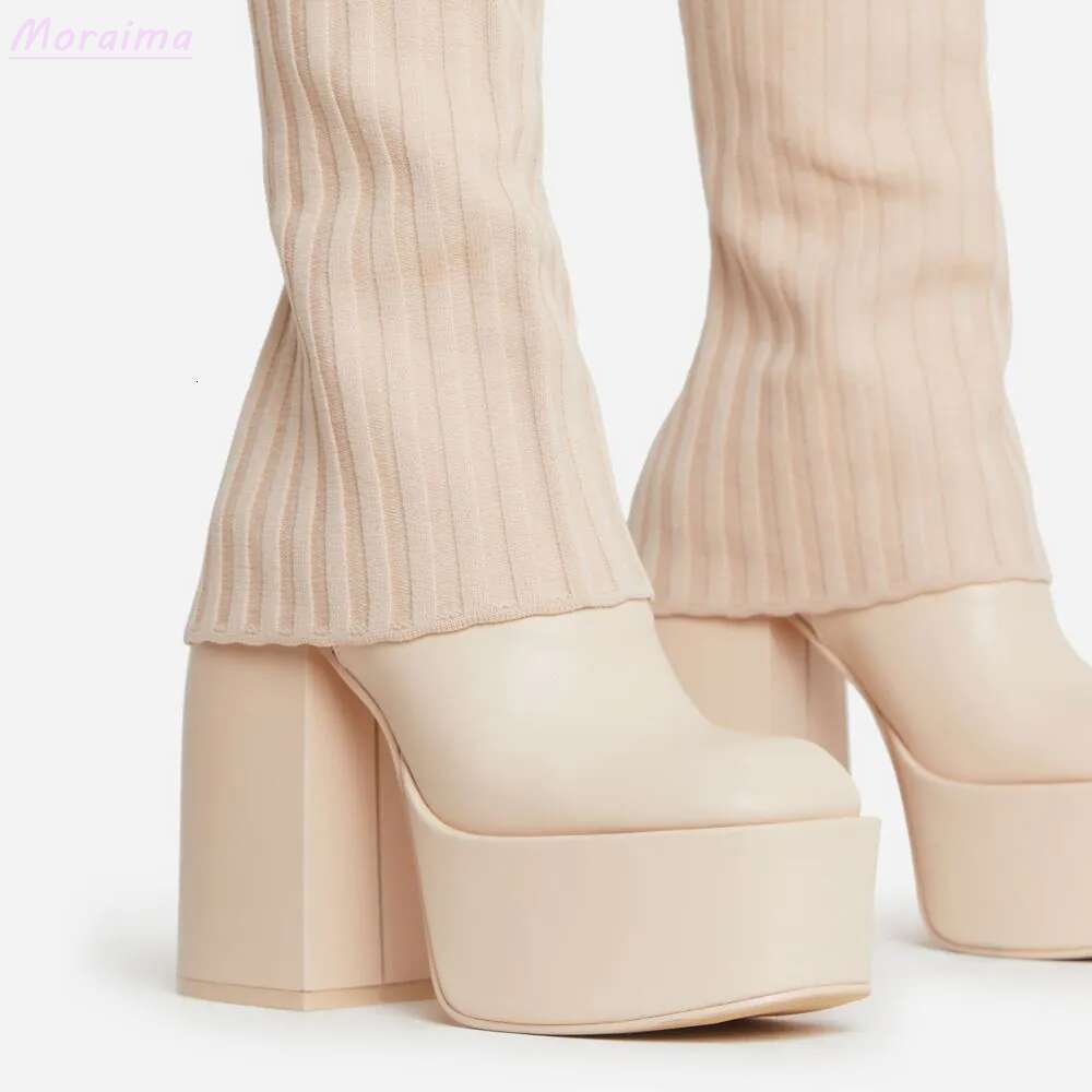 Knee-High Leather Platform Boots Layered Knit Pointed Toe hot White Shoes