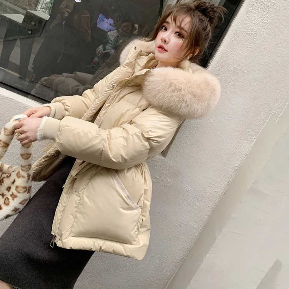 2023 Winter New Cotton Jacket Womens Big Fur Collar Cotton Coat Hooded Park Womens Thick Warm Medium to Long Coat X241120
