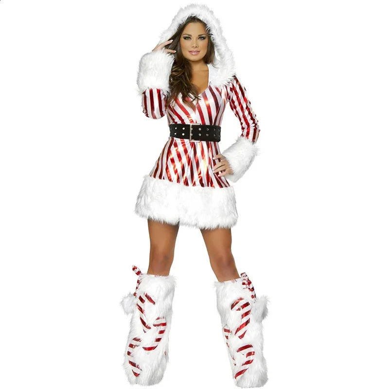 Women Christmas Costume Christmas Hooded Dress Striped Mrs Claus Cosplay Costume Xmas Holidays Party Fancy Dress 241121