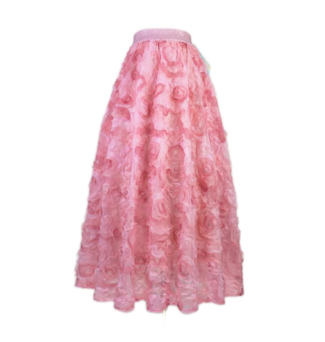 Female elastic waist rose flower gauze fashion French elegant ball dress long skirt pink purple 2 color SL