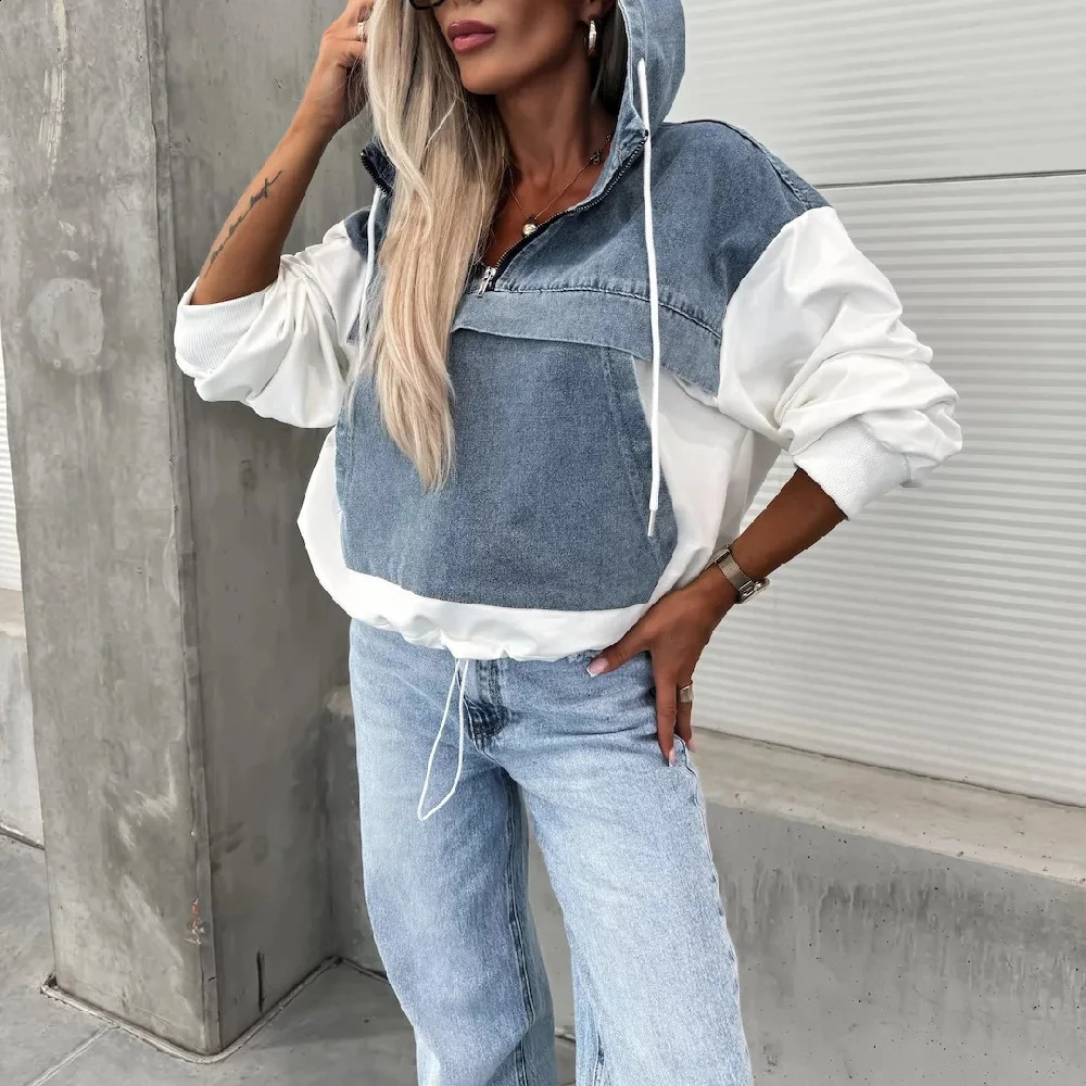 Womens autumn hoodie sportswear womens long sleeved denim patchwork sweater sportswear top 241121
