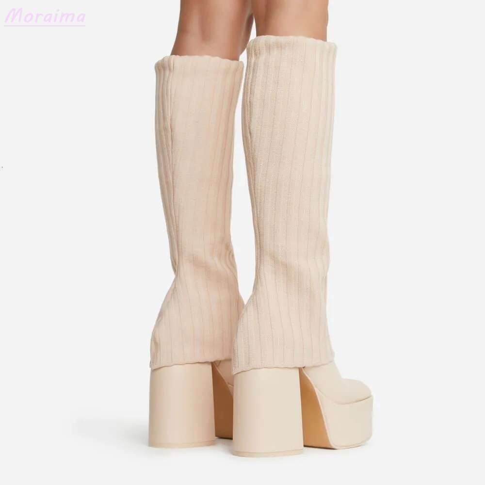 Knee-High Leather Platform Boots Layered Knit Pointed Toe hot White Shoes