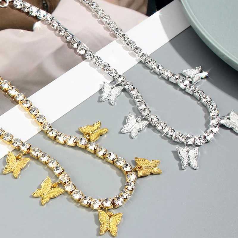 Pendant Necklaces Trendy Cute Iced Out Butterfly Choker Necklaces For Women Men Gold Silver Color Tennis Chain Animals Pendant Rhinestone Jewelry Y240