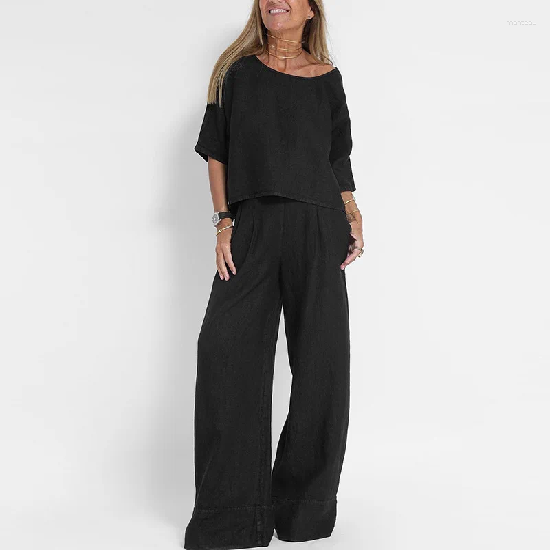 Women's Two Piece Pants Ladies Pockets Cotton-linen like fabric Set Casual Elastic Waist Trouser Suit Women O-neck Half Sleeve Shirt And Outfits 