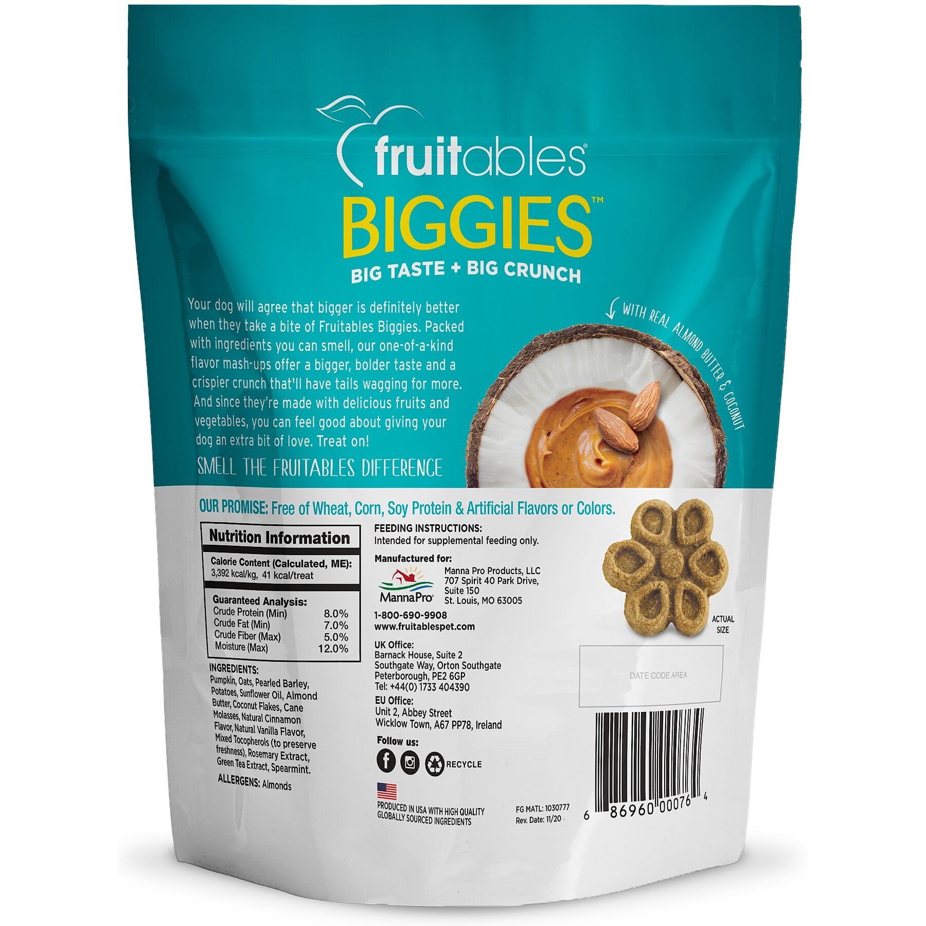 Fruitables Biggies with Real Almond Butter & Coconut Dog Treats, 16-oz bag