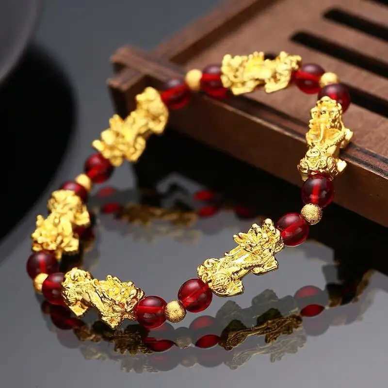 Chain Feng Shui Obsidian Stone Beads Bracelet Gold Color Black Pixiu Wealth Good Luck Wristband Men Women Unisex Lucky Jewelry Gifts Y240420