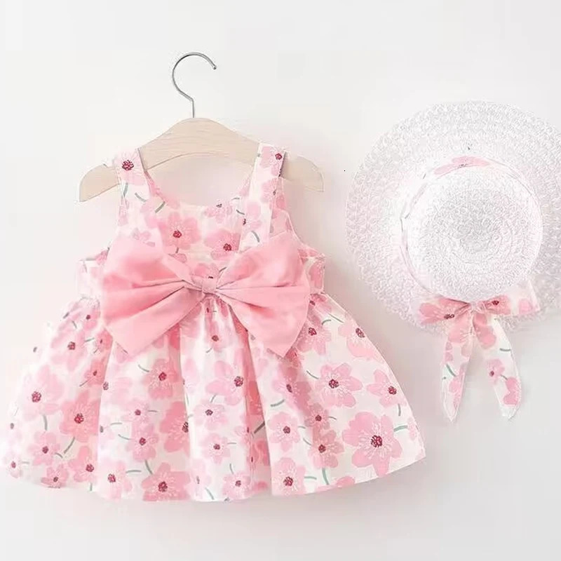 girl floral dress sweet summer bow toddler beach for children aged 0 to 3 born clothinghat set of 2 pieces 240416
