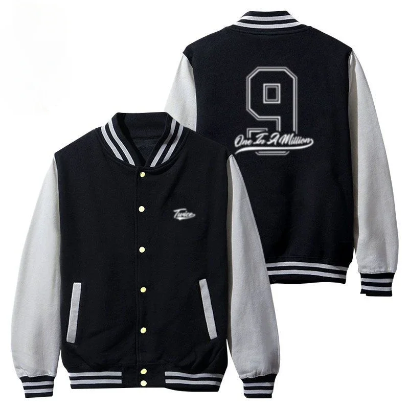 KPOP TWICE FM HOME 9ROUNG Women Men Bomber Jacket Outerwear Streetwear Hip Hop College Baseball Uniform ed