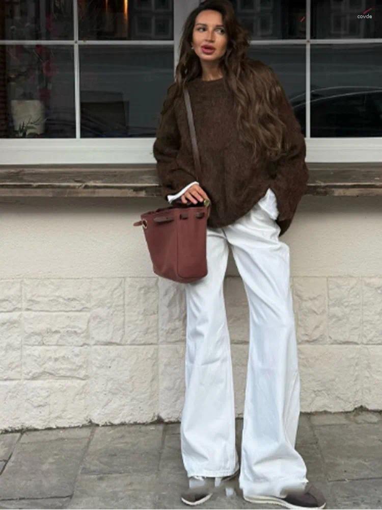 Women's Mohair Pullover Sweater - Chocolate Brown, O-Neck, Long Sleeve, Loose Knit, Casual, Winter