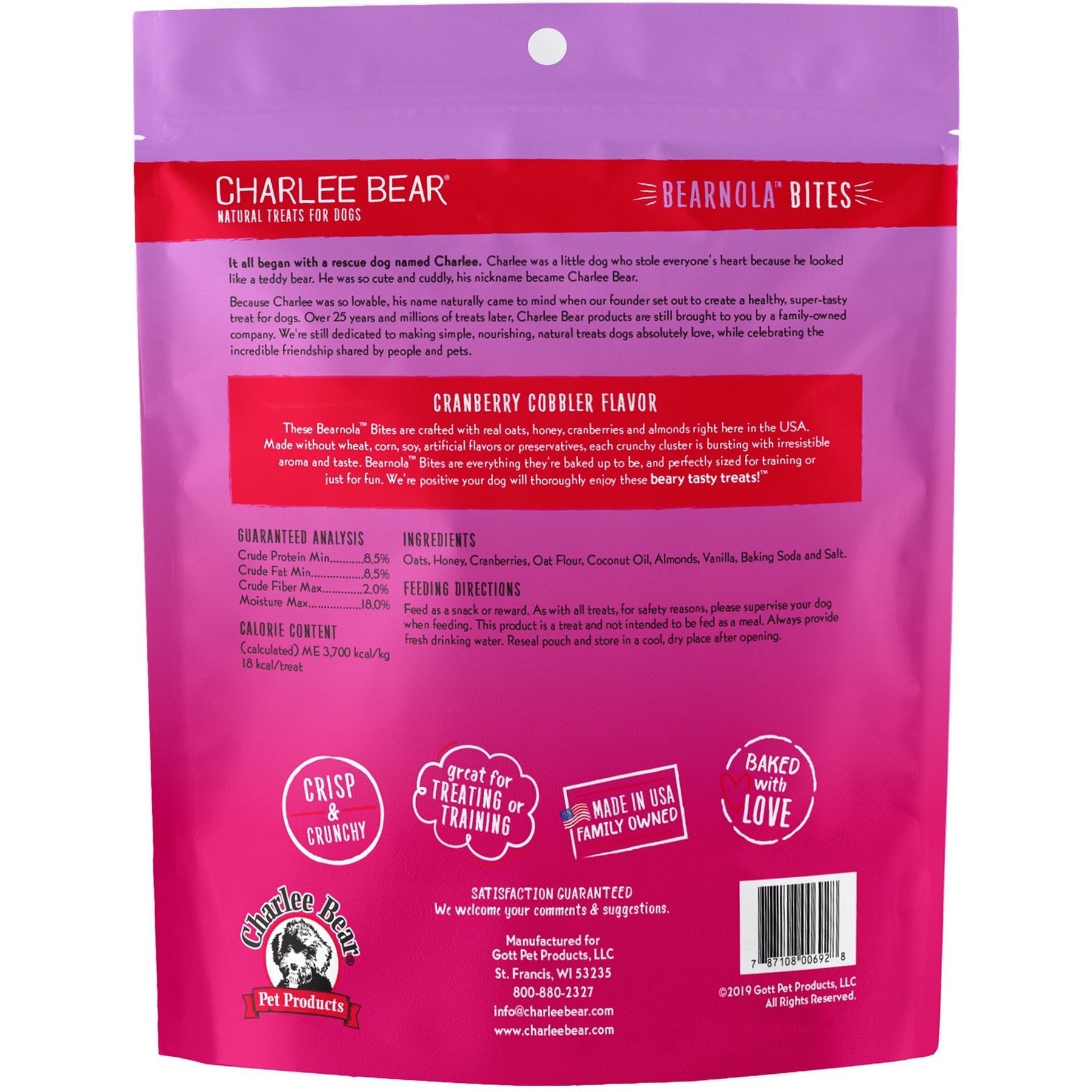 Charlee Bear Bearnola Bites Cranberry Cobbler Flavor Dog Treats, 8-oz bag