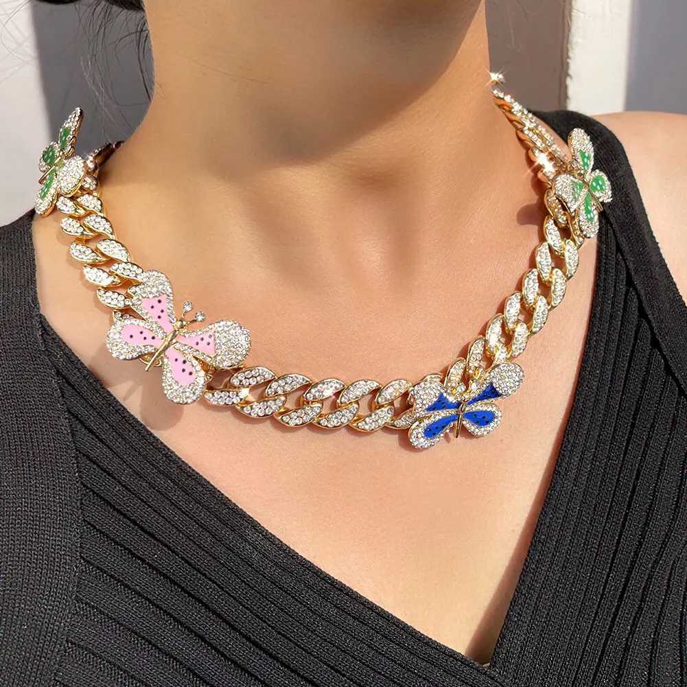 Pendant Necklaces Iced Out Full Rhinestone Enamel Butterfly Miami Cuban Link Necklace For Women Hiphop Bling Chunky Thick Cuban Choker Punk Jewely Y24