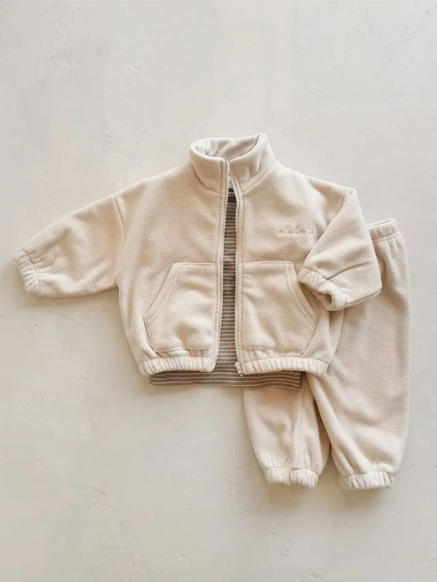 MiniAinis Autumn Baby Zipper JacketThick Pants 2-piece Set Womens Double sided Velvet Thick Clothes Set 241121