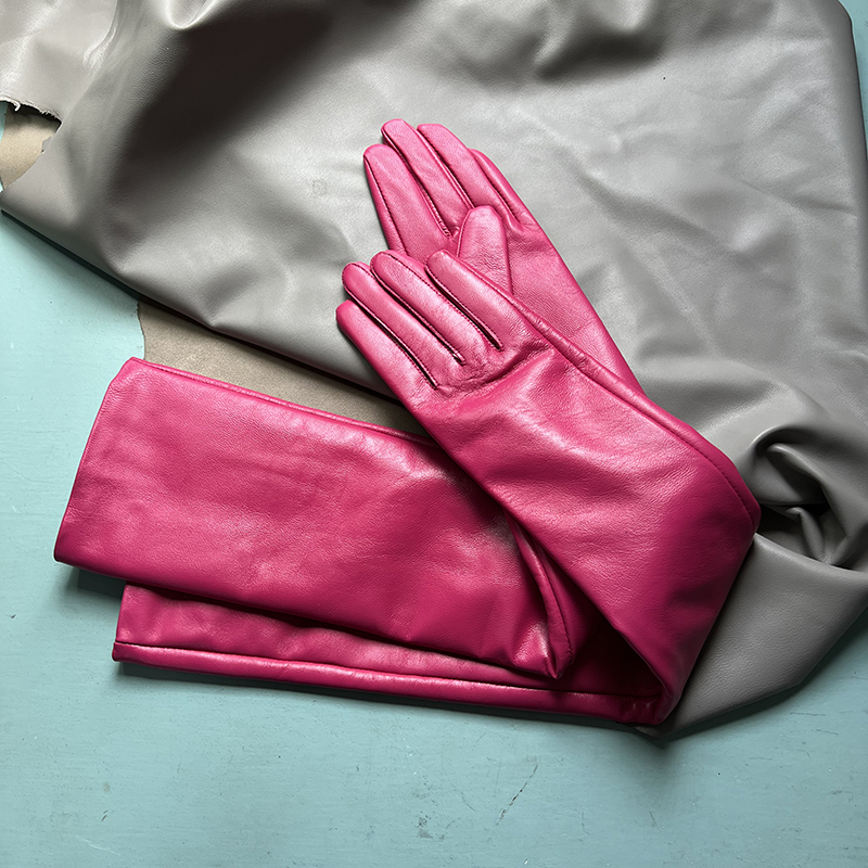 Women Real Leather Long Gloves Full Fingers Winter Warm Elbow Gloves Outdoors Long Sheepskin Mittens Wine Party genuine leather female styleArm sleeve