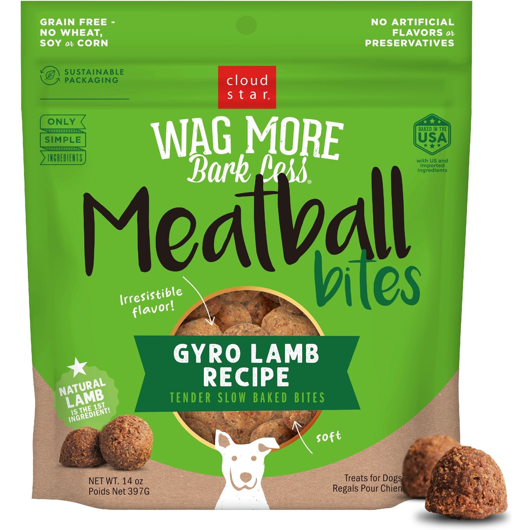 Cloud Star Wag More Bark Less Gyro Lamb Recipe Meatballs Grain-Free Dog Treats