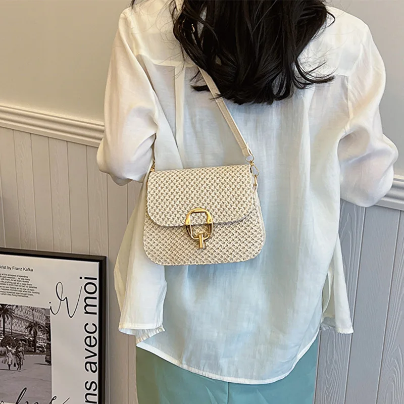 Lock Fashion Summer Crossbody Bags Casual TLXT Travel Beach Shoulder Flap Women's Handbags Straw Bag Designer