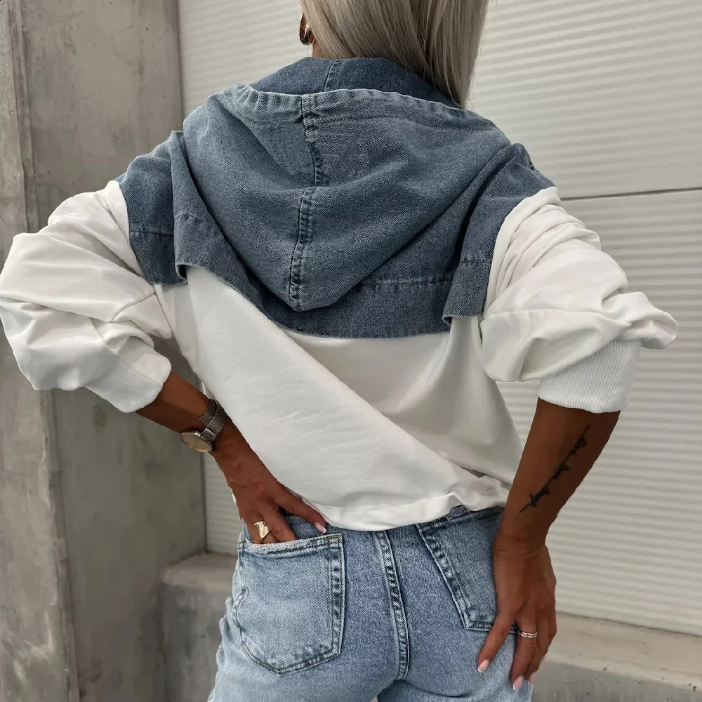Womens autumn hoodie sportswear womens long sleeved denim patchwork sweater sportswear top 241121