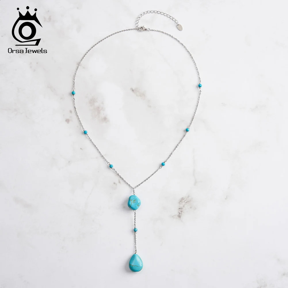 ORSA JEWELS Fashion Y-shaped Necklace 925 Pure Silver Irregular Turquoise Long Chain Necklace Womens Jewelry GMN50 241120