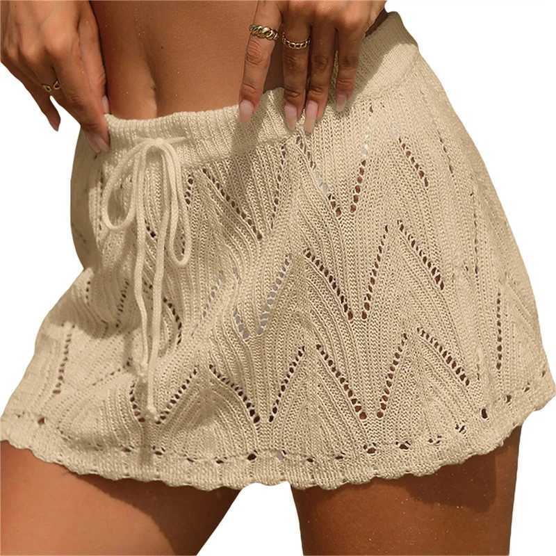 Skirts Xingqing Beach Skirt Cover Up 2024 Summer Women Solid Color Drawstring High Waist Knitted Mini Skirt Casual Swimming Come Y240420