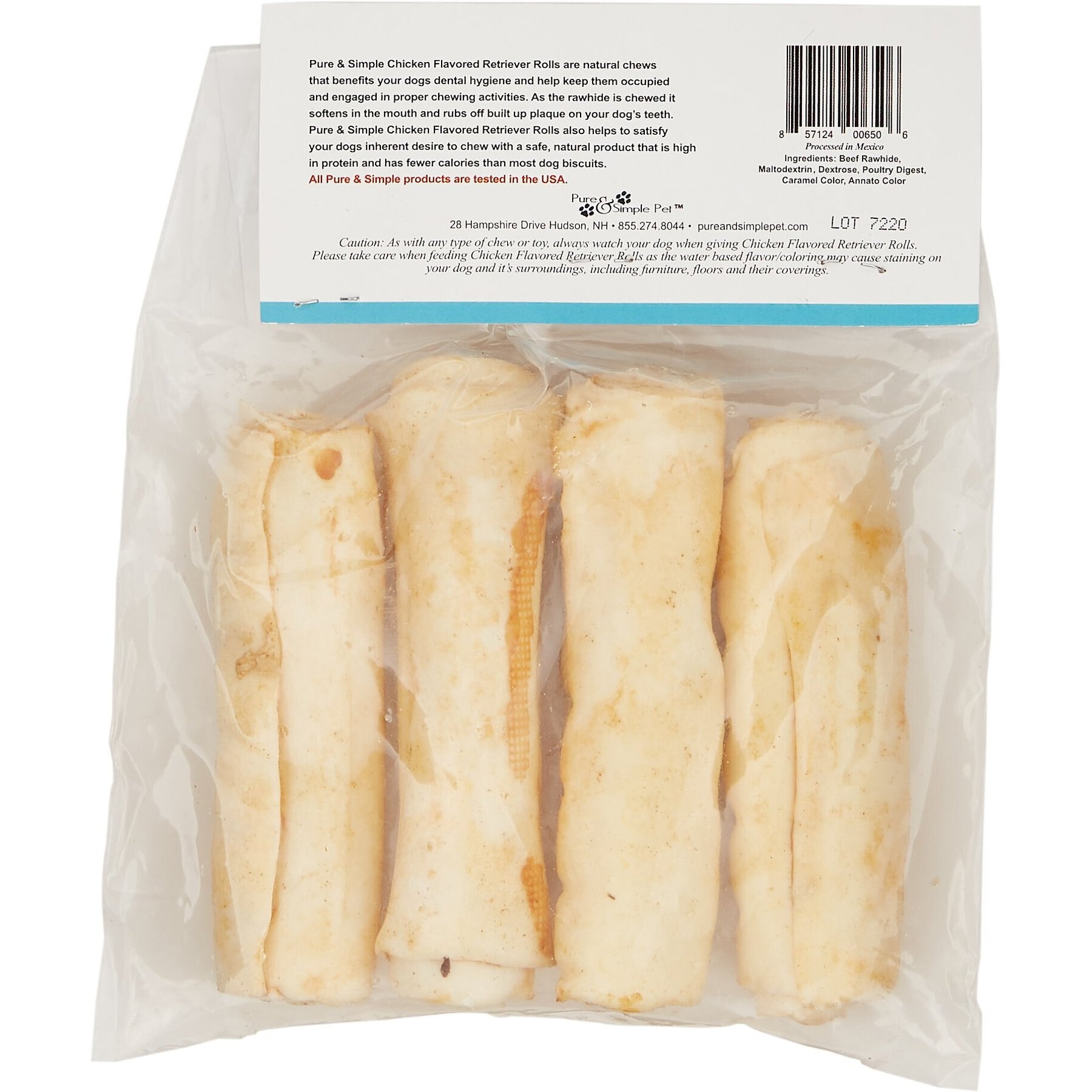 Pure & Simple Pet Chicken Flavored Rawhide Retriever Roll Dog Treat, Small