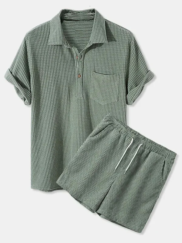 Men Outfit Set Autumn Mens Casual Loose Corduroy Short Sleeve Suit Shirt and Shorts 2 Sets Clothing 240409